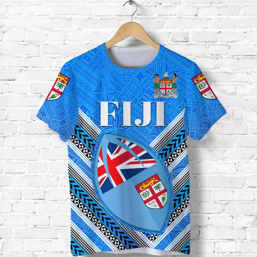 Blue Fiji day T-shirt with FIJI text and heart emblem, patterned sleeves