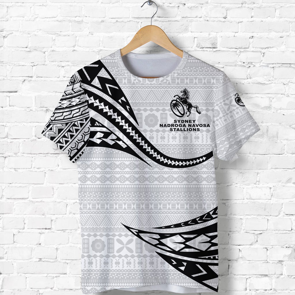 White rugby tee on hanger with black zigzag side print and Sydney Nadroga Navosa Stallions logo