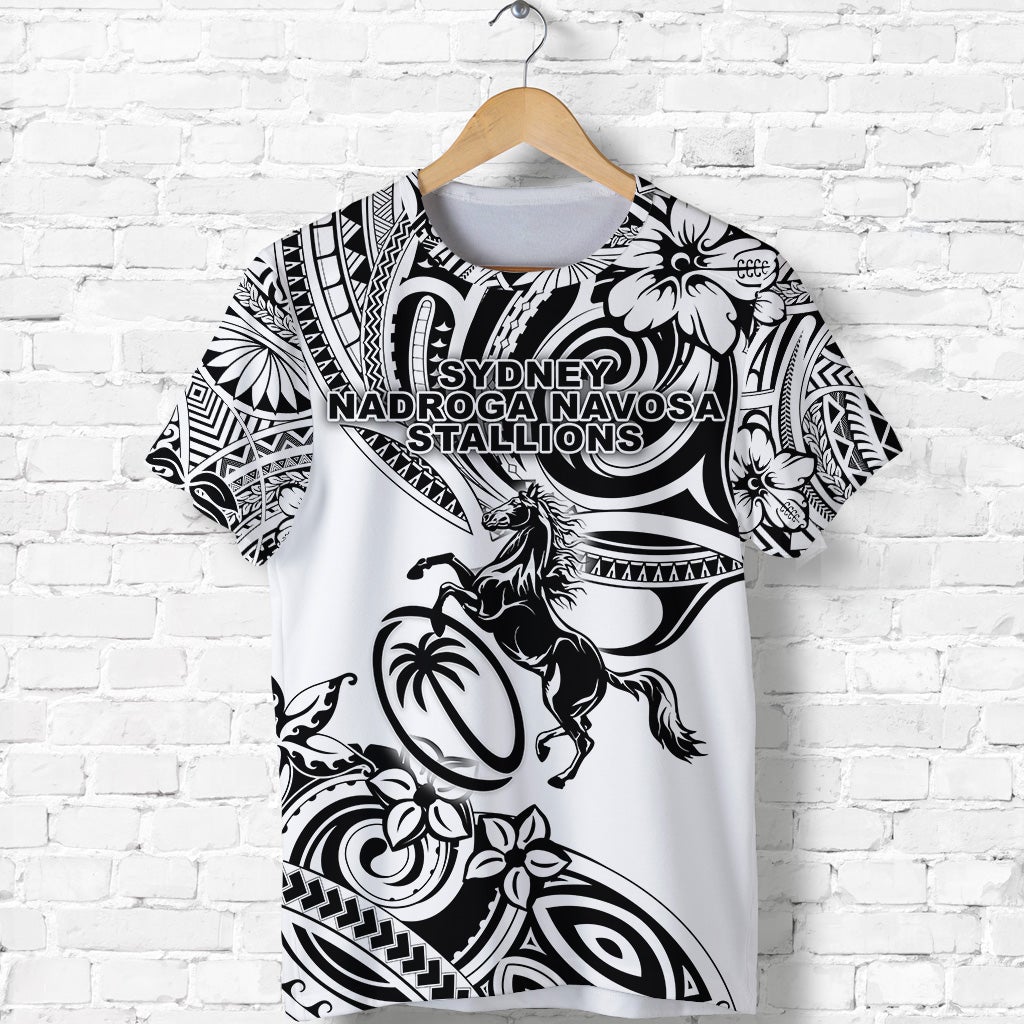 White rugby T-shirt front with centered Sydney Nadroga Navosa Stallions print and horse