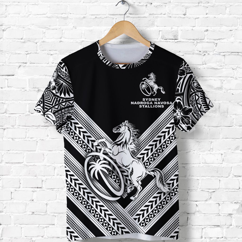 Black rugby T-shirt front view with bold chevron stripes, horse crest, and Sydney text