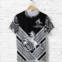 Black rugby T-shirt front view with bold chevron stripes, horse crest, and Sydney text