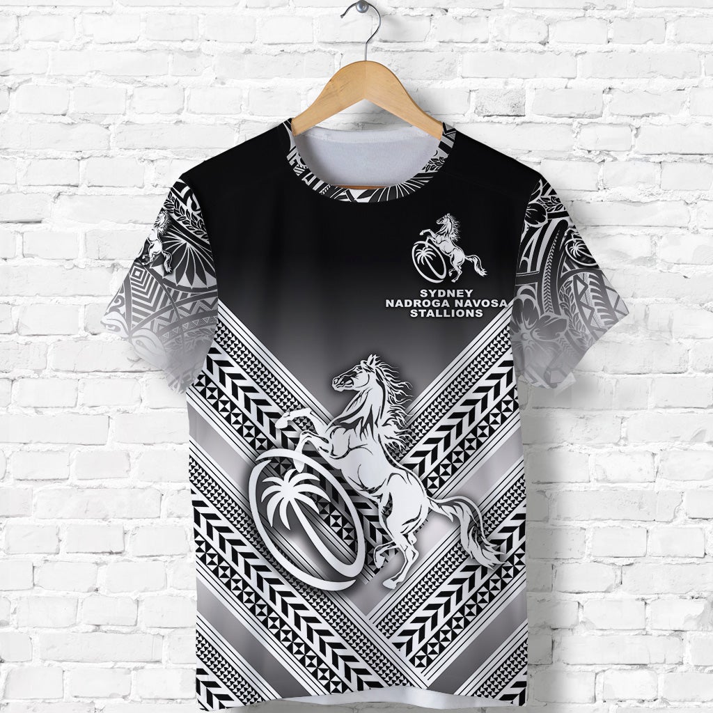 Black rugby T-shirt with white chevron stripes, centered lion-and-horse logo