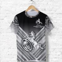 Black rugby T-shirt with white chevron stripes, centered lion-and-horse logo