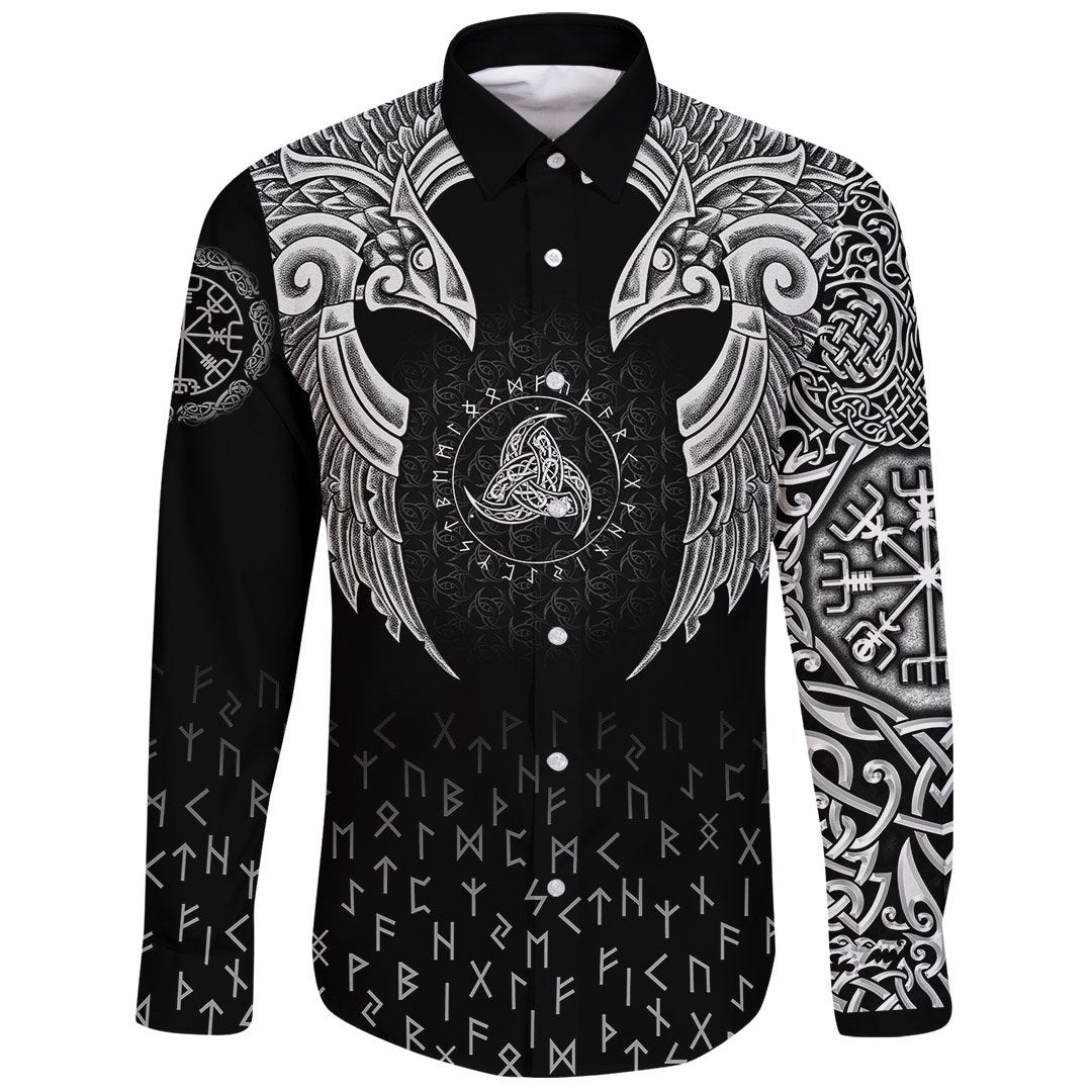 Viking Long Sleeve Button Shirt Nordic Raven Tattoos RLT12 - Wonder Print Shop