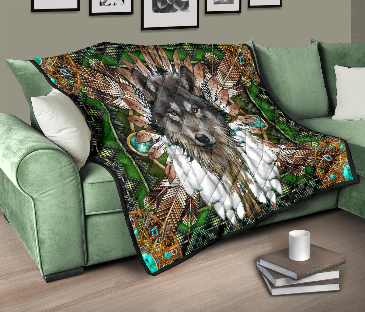 Native American Green Wolf Mandala Premium Quilt LT10 - Wonder Print Shop