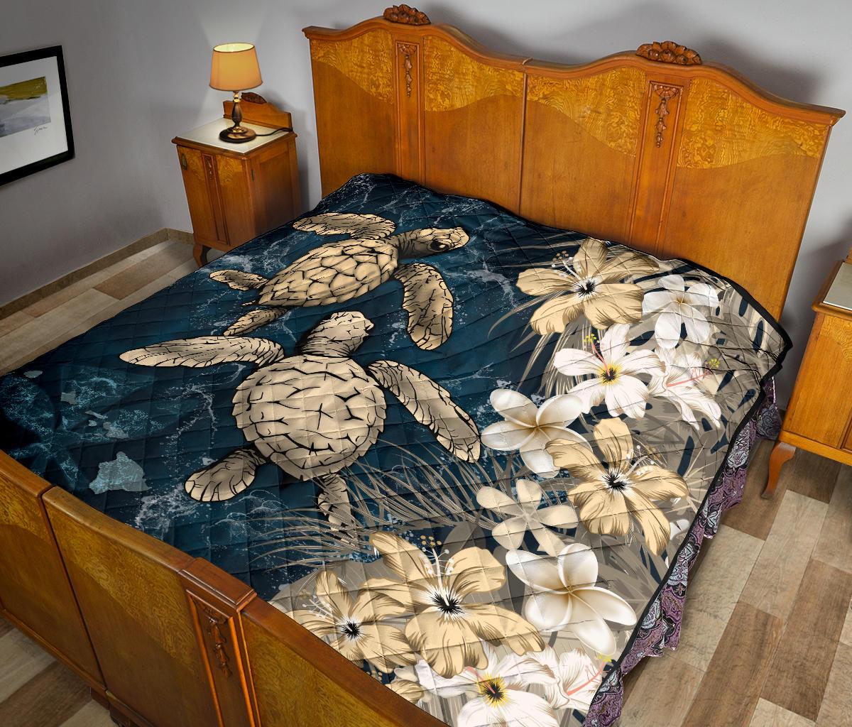 Kanaka Maoli (Hawaiian) Premium Quilt - Sea Turtle Tropical Hibiscus and Plumeria Gold - Wonder Print Shop