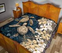 Kanaka Maoli (Hawaiian) Premium Quilt - Sea Turtle Tropical Hibiscus and Plumeria Gold - Wonder Print Shop