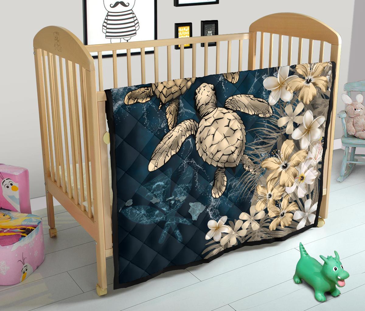 Kanaka Maoli (Hawaiian) Premium Quilt - Sea Turtle Tropical Hibiscus and Plumeria Gold - Wonder Print Shop