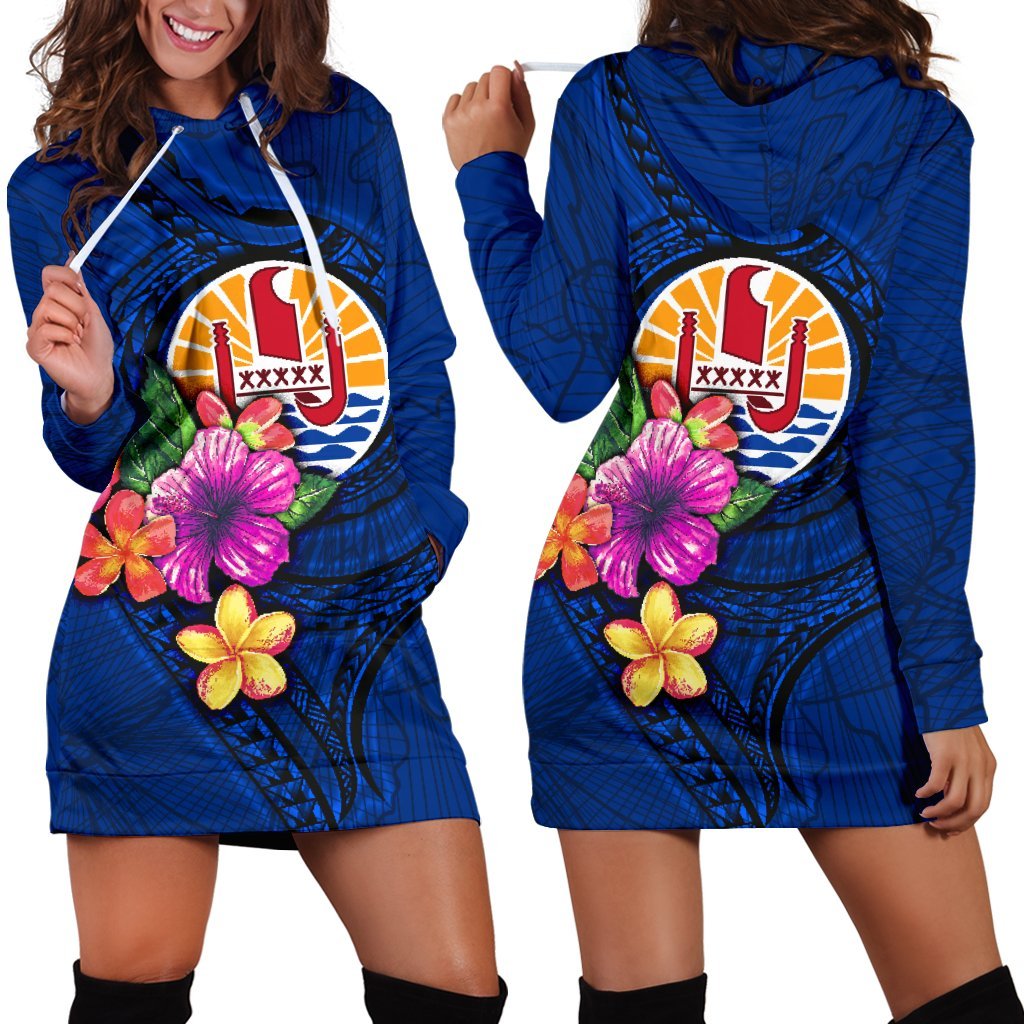 tahiti-polynesian-womens-hoodie-dress-floral-with-seal-blue