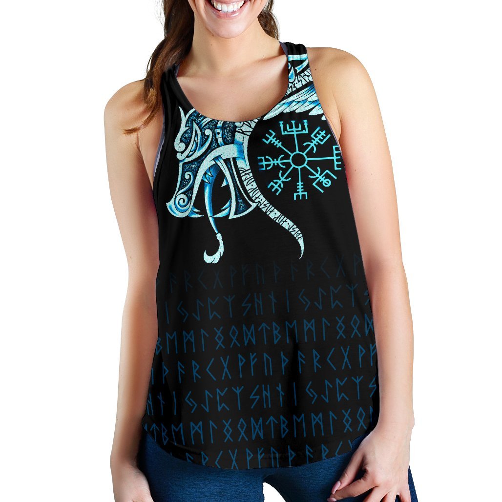 Viking Women's Racerback Tank, Fenrir Raven and Vegvisir Tattoo Cyan RLT12 - Wonder Print Shop