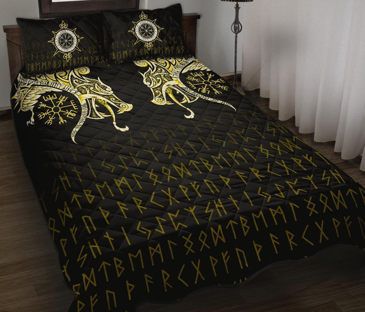Viking Quilt Bed Set, Fenrir Raven and Vegvisir Tattoo Yellow RLT12 - Wonder Print Shop