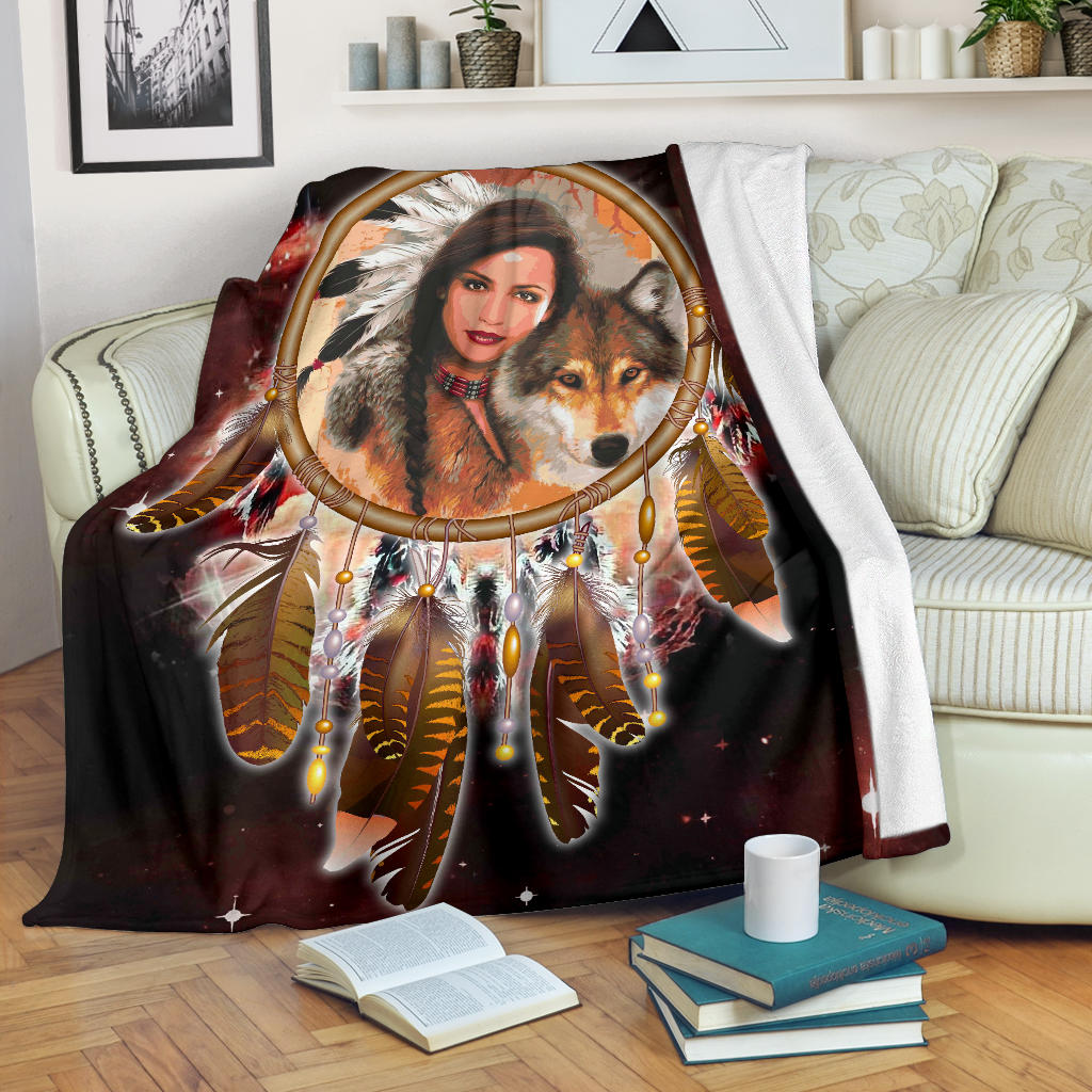native-girl-dream-catcher-red-galaxy-blanket