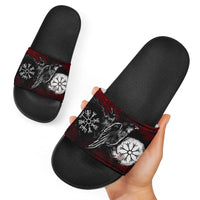 viking-slide-sandals-raven-of-odin-and-symbol-viking-on-blood-background