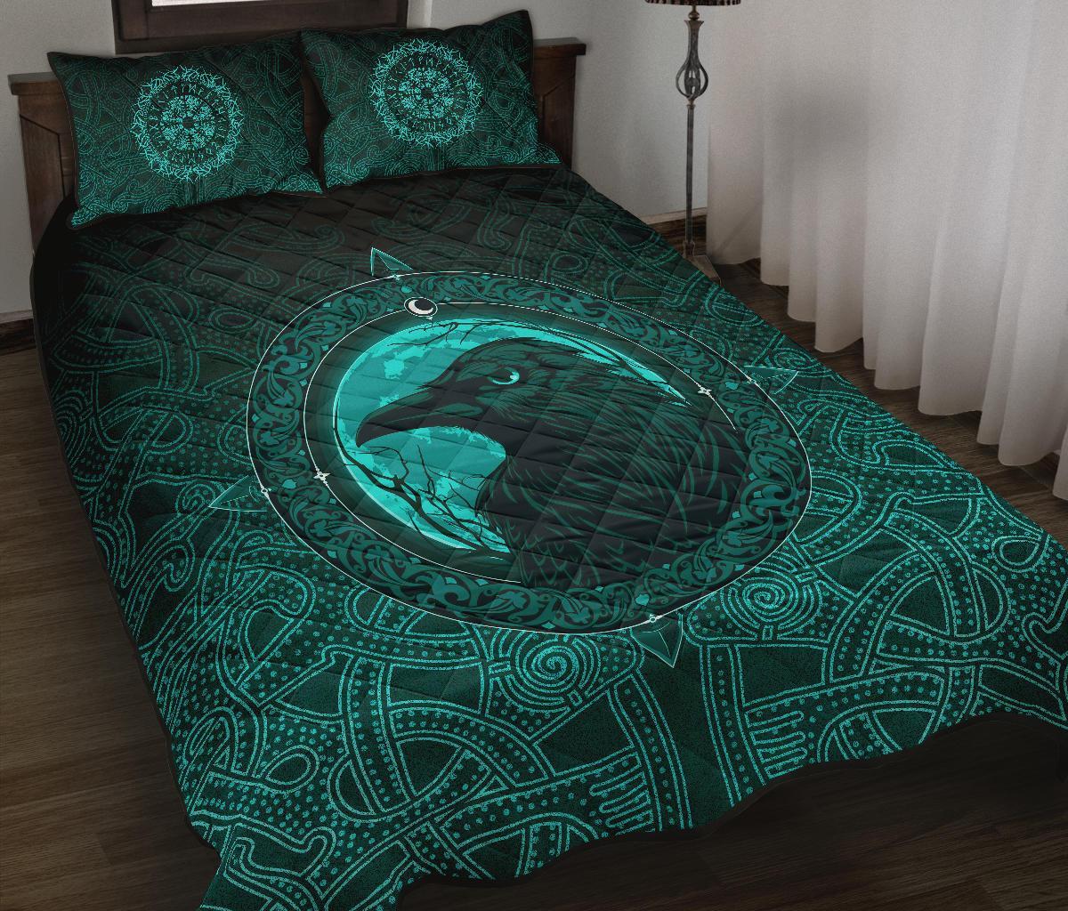 Viking Quilt Bed Set, Ethnic Odin Raven Cyan RLT12 - Wonder Print Shop