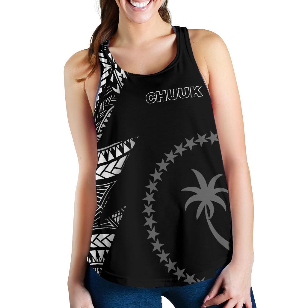 Black racerback tank with Chuuk text, star print, and palm emblem