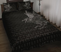Black quilt set with quilted squares, raven feather print, rune pattern, includes 2 pillows