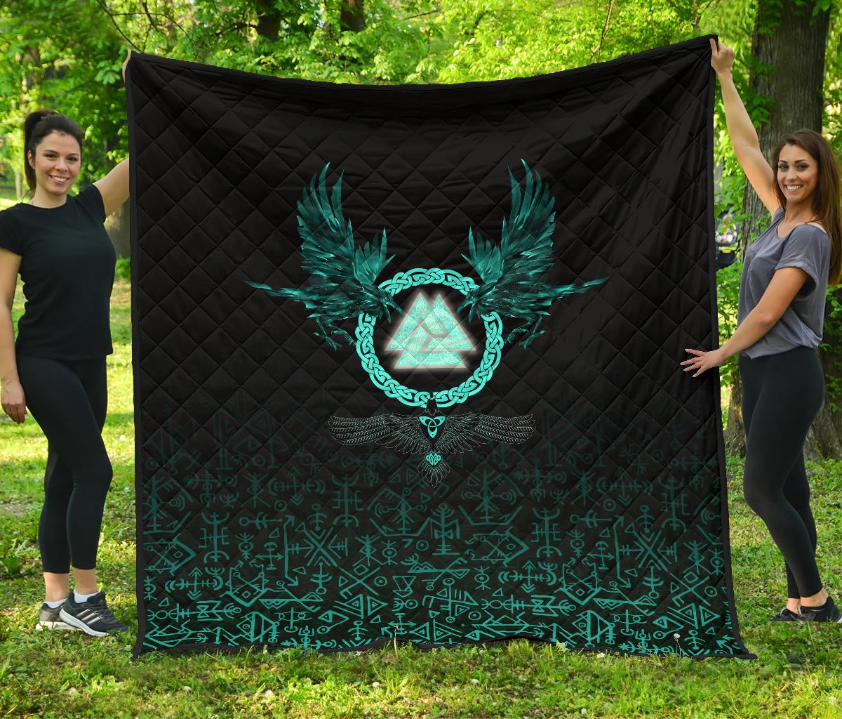 Viking Premium Quilt Three Raven and Valknut Cyan RLT12 - Wonder Print Shop