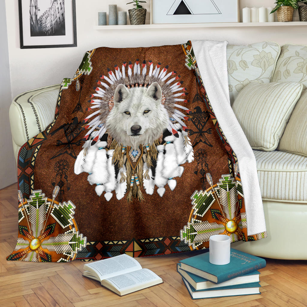 white-wolf-with-headress-feathers-blanket