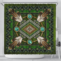 Green shower curtain with Native American bead-style mandala, turquoise circles and feather motifs