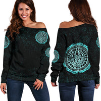 Viking Women's Off Shoulder Sweater - Viking Bear Claws Cyan Tattoo RLT12 - Wonder Print Shop