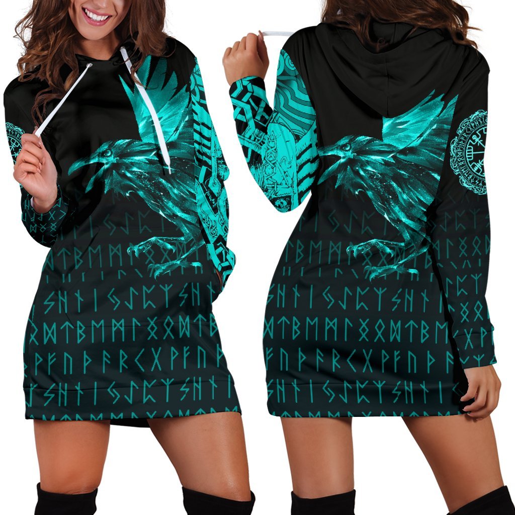 Viking Hoodie Dress The Raven Of Odin Rune Cyan RLT12 - Wonder Print Shop