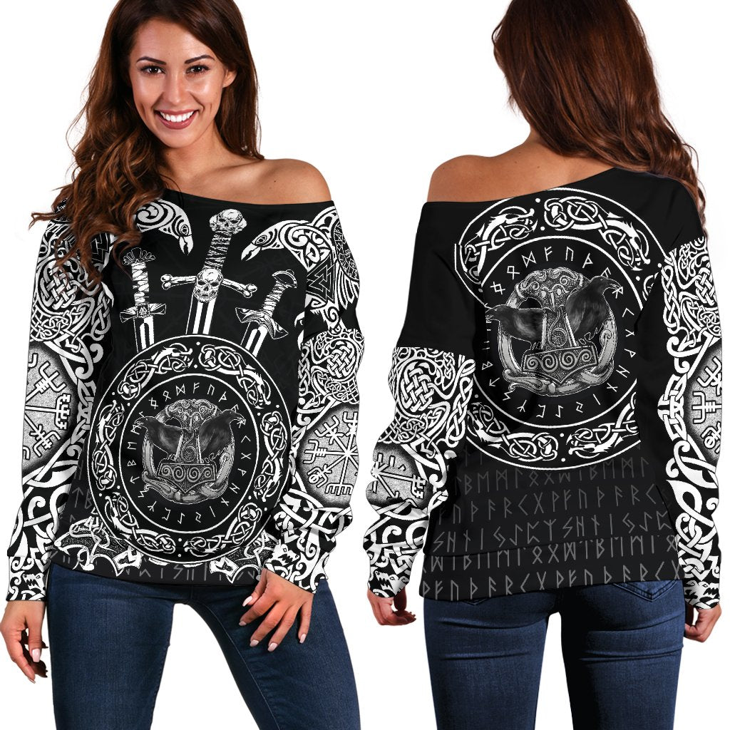 Viking Women's Off Shoulder Sweater - Huginn and Muniin With Mjolnir RLT12 - Wonder Print Shop