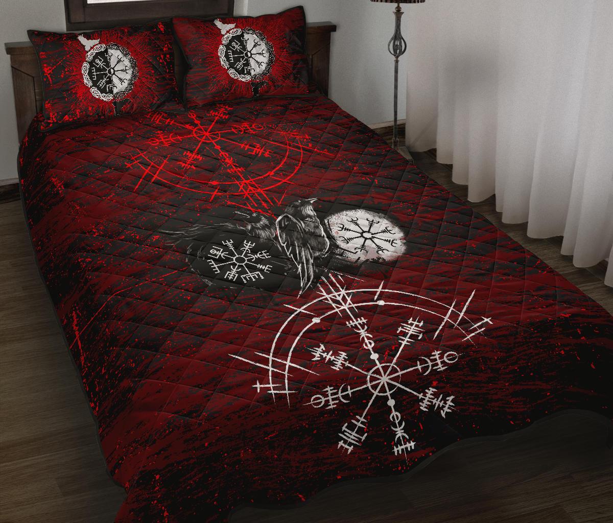 Viking Quilt Bed Set Raven Of Odin and Symbol Viking On Blood Background RLT12 - Wonder Print Shop