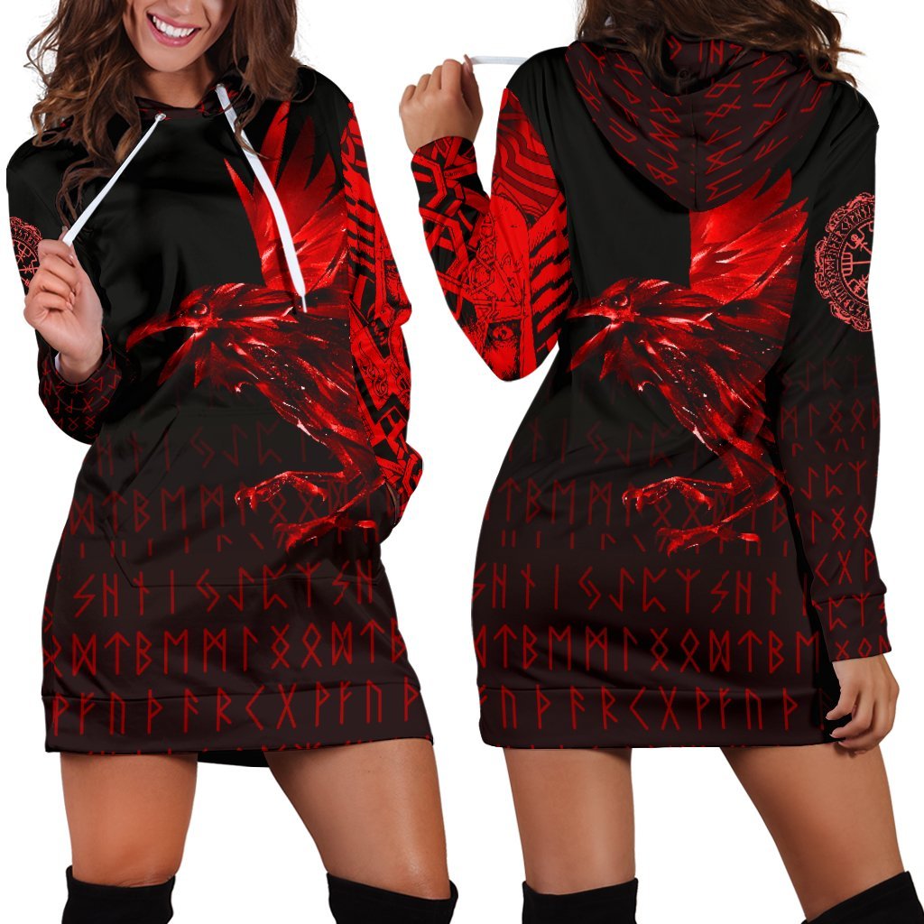 Viking Hoodie Dress The Raven Of Odin Rune, Red RLT12 - Wonder Print Shop
