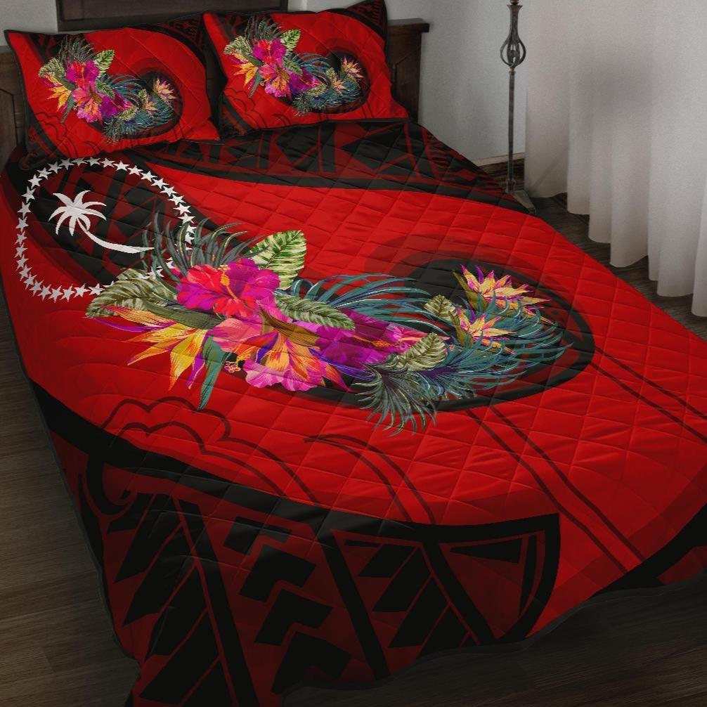 Chuuk Quilt Bed Set - Polynesian Hook And Hibiscus (Red) - Wonder Print Shop