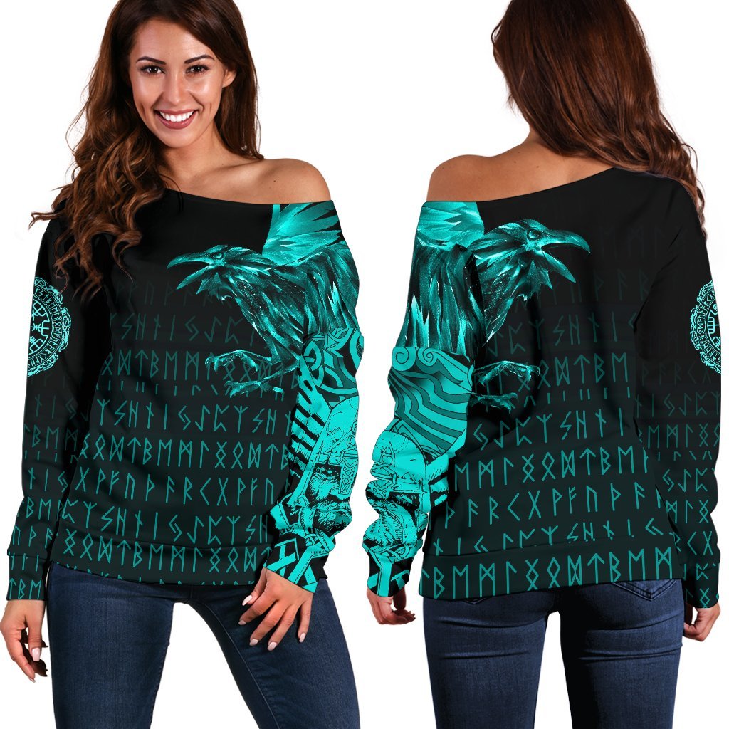 Viking Women' Off Shoulder Sweater - The Raven Of Odin Rune Cyan RLT12 - Wonder Print Shop