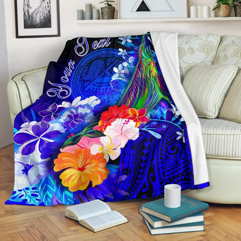 american-samoa-polynesian-custom-personalised-premium-blanket-humpback-whale-with-tropical-flowers