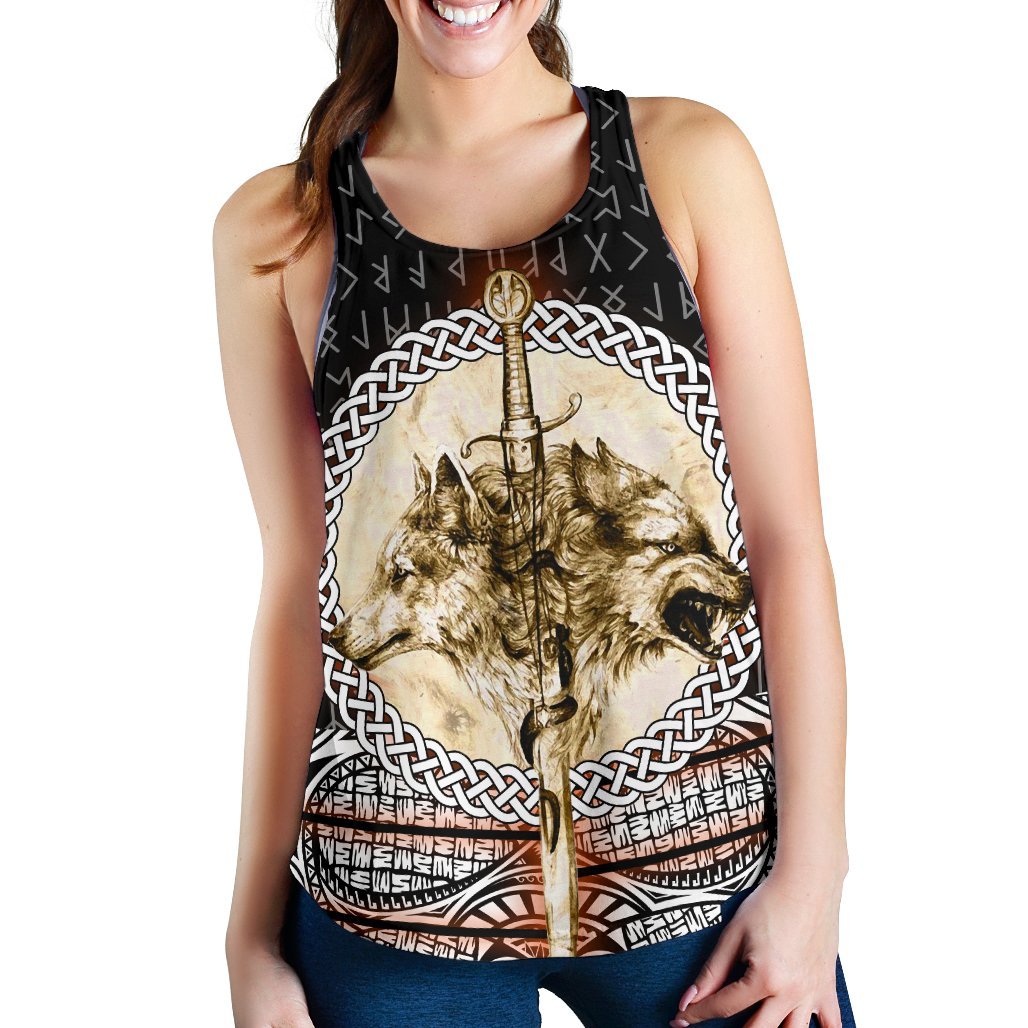Viking Women's Racerback Tank - Wolf and Vikings Tattoo 3D RLT12 - Wonder Print Shop