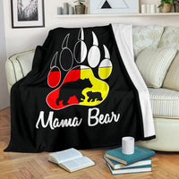 Black fleece blanket with colorful bear paw graphic and 'Mama Bear' text, full design