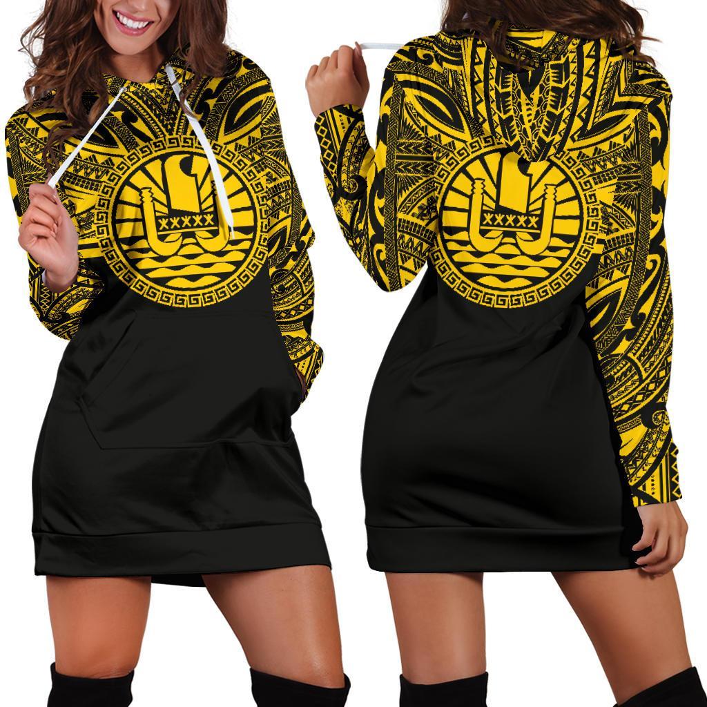 tahiti-women-hoodie-dress-tahiti-coat-of-arms-polynesian-gold-black