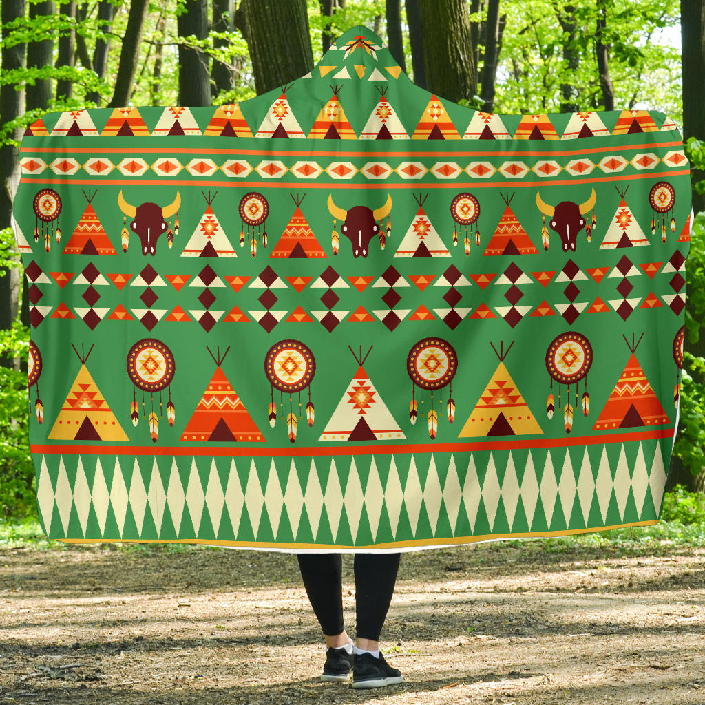 native-american-green-bison-pattern-hooded-blanket