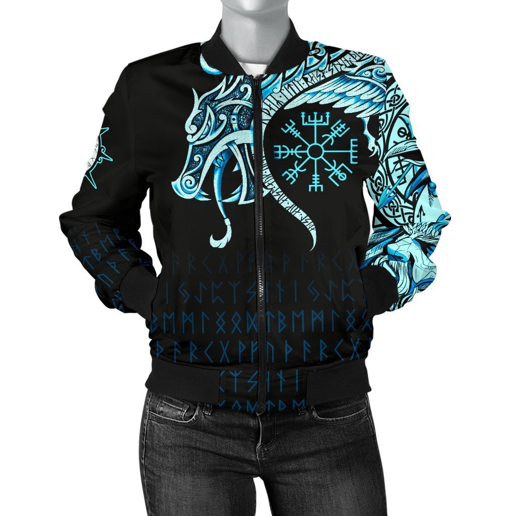 Viking Women's Bomber Jacket, Fenrir Raven and Vegvisir Tattoo Cyan RLT12 - Wonder Print Shop
