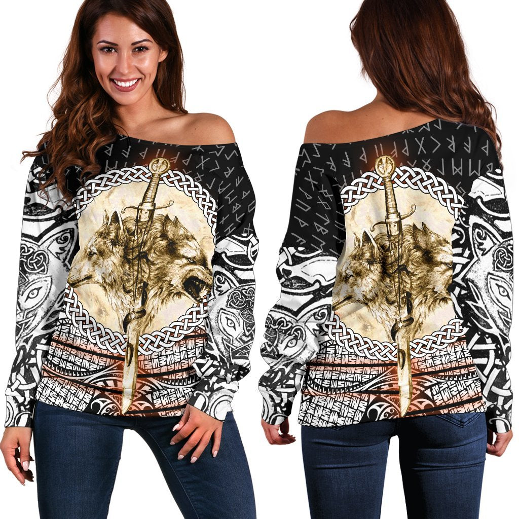 Viking Women Off Shoulder Sweater - Wolf and Vikings Tattoo 3D RLT12 - Wonder Print Shop
