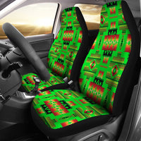 Neon green car seat covers with black trim and red/black geometric tribal pattern, front pair