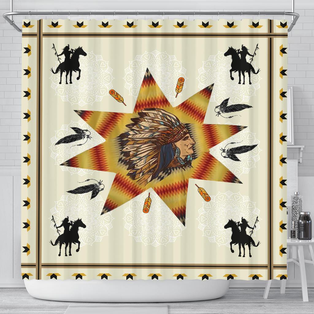 Tribal shower curtain with chief portrait starburst, horses, feathers, colorful pattern