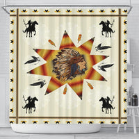 Tribal shower curtain with chief portrait starburst, horses, feathers, colorful pattern