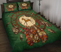 Green quilt bed set with horse dreamcatcher graphic and matching two throw pillows