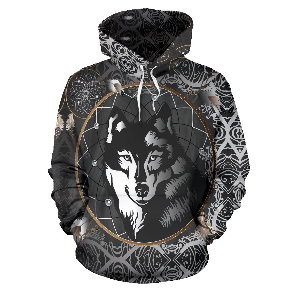 Black Wolf Dreamcatcher Native American All Over Hoodie LT10 - Wonder Print Shop