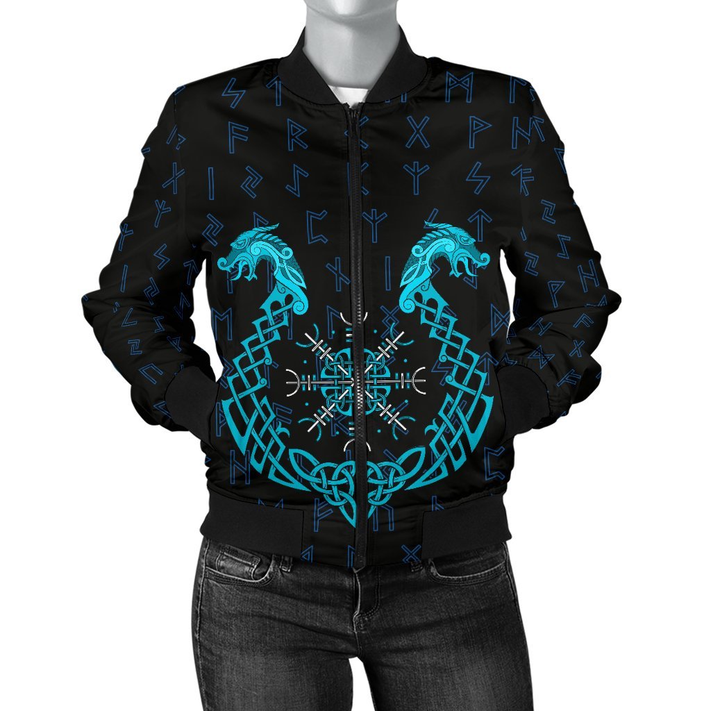 Viking Women's Bomber Jacket, Aegishjalmur Helm Of Awe Blue Edition RLT12 - Wonder Print Shop