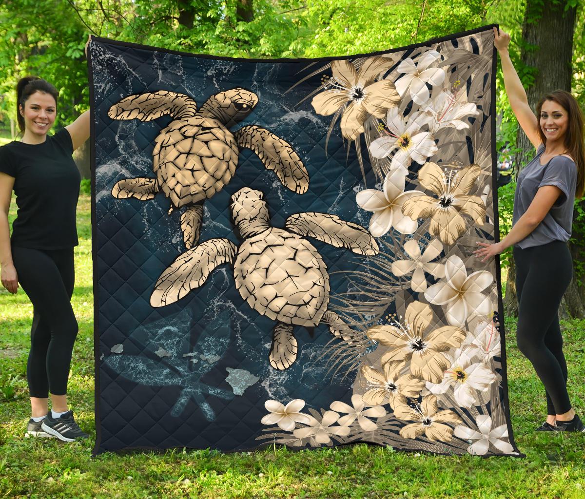Kanaka Maoli (Hawaiian) Premium Quilt - Sea Turtle Tropical Hibiscus and Plumeria Gold - Wonder Print Shop