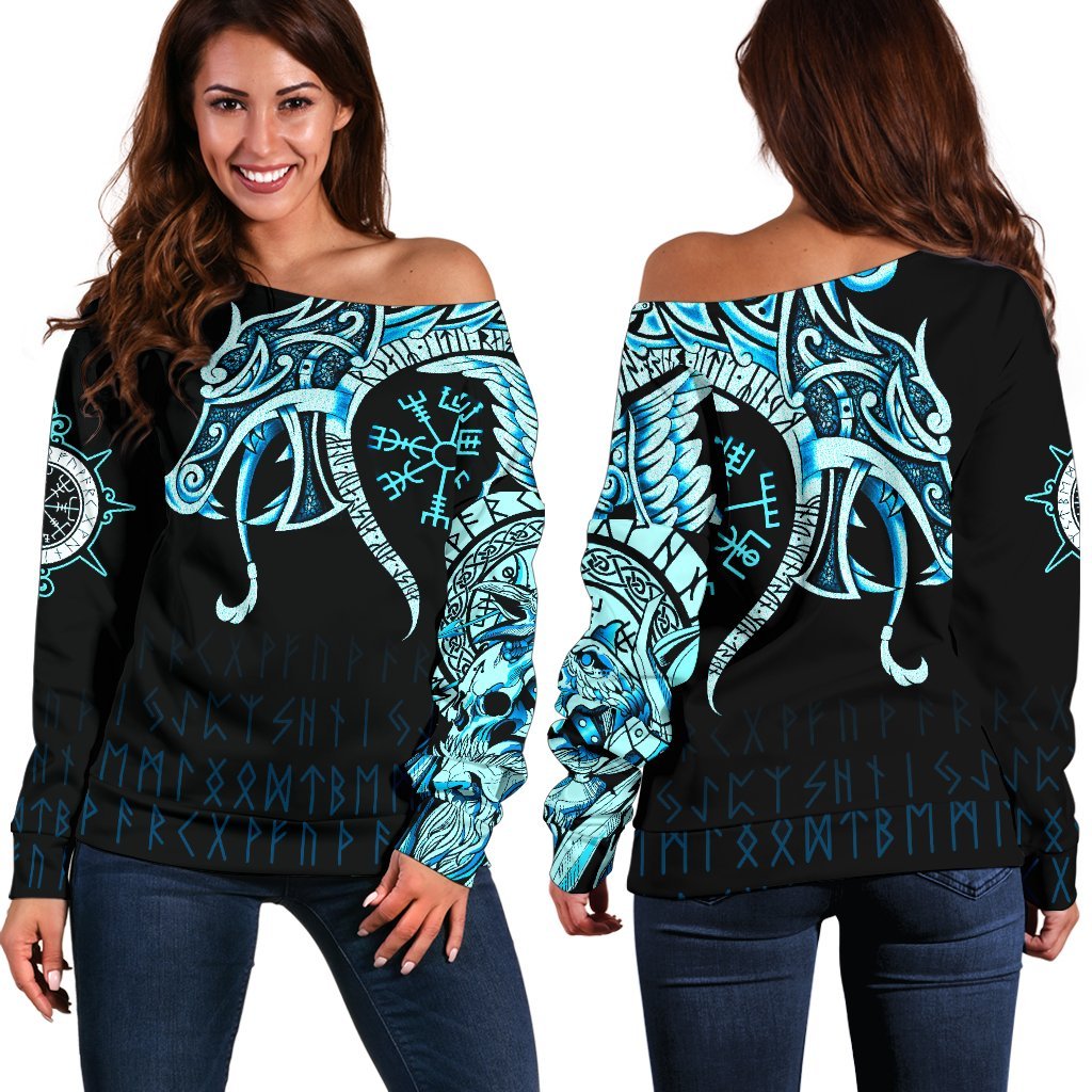 Viking Women's Off Shoulder Sweater, Fenrir Raven and Vegvisir Tattoo Cyan RLT12 - Wonder Print Shop