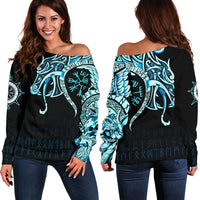 Viking Women's Off Shoulder Sweater, Fenrir Raven and Vegvisir Tattoo Cyan RLT12 - Wonder Print Shop