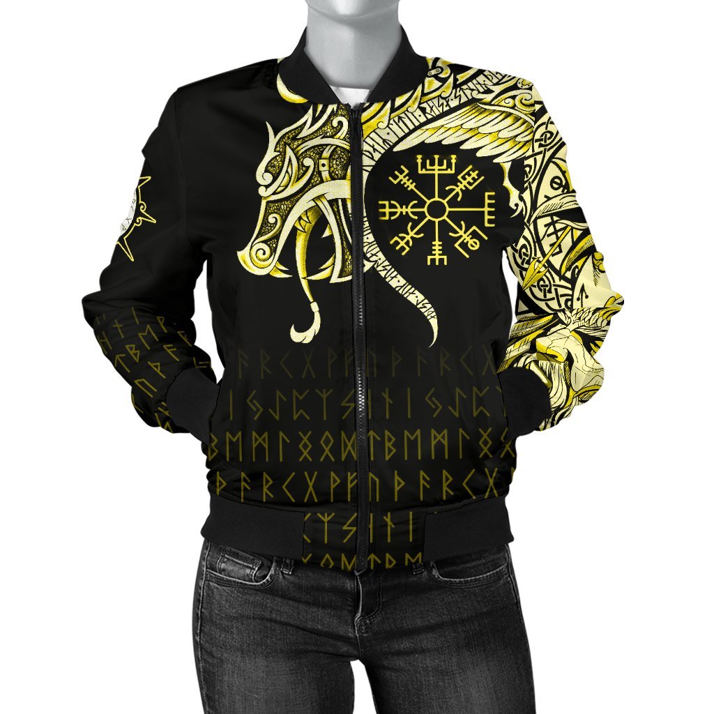 Viking Women's Bomber Jacket, Fenrir Raven and Vegvisir Tattoo Yellow RLT12 - Wonder Print Shop