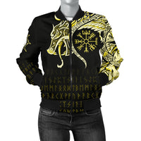 Viking Women's Bomber Jacket, Fenrir Raven and Vegvisir Tattoo Yellow RLT12 - Wonder Print Shop