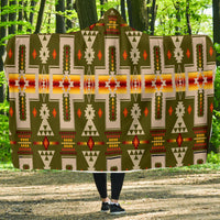 Native print hooded blanket, olive green with multicolor geometric pattern front and hood