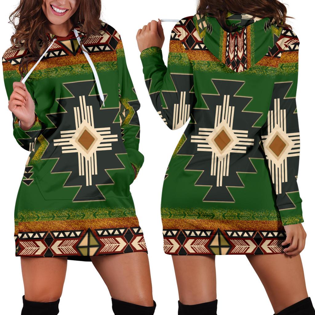 Indigenous Design Green Native American Hoodie Dress LT10 - Wonder Print Shop